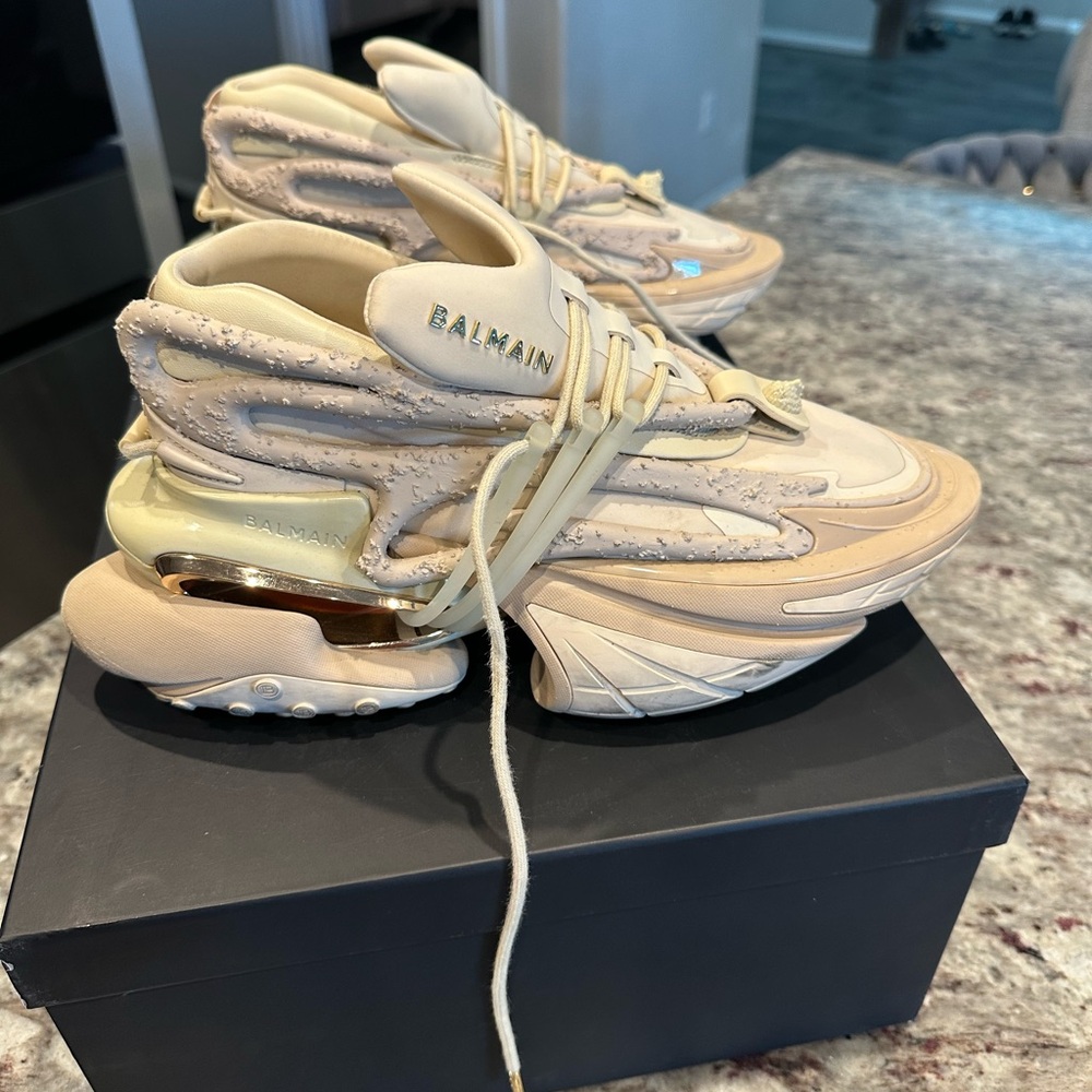 Balmain Beige and Metallic Sneakers